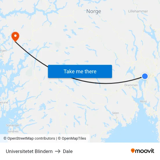 Universitetet Blindern to Dale map