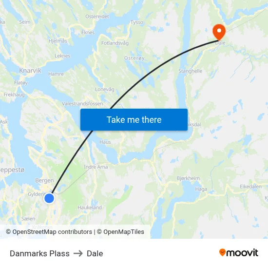 Danmarks Plass to Dale map