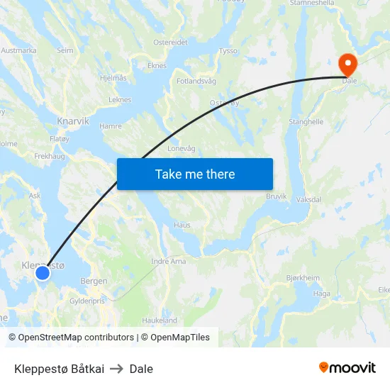 Kleppestø Båtkai to Dale map