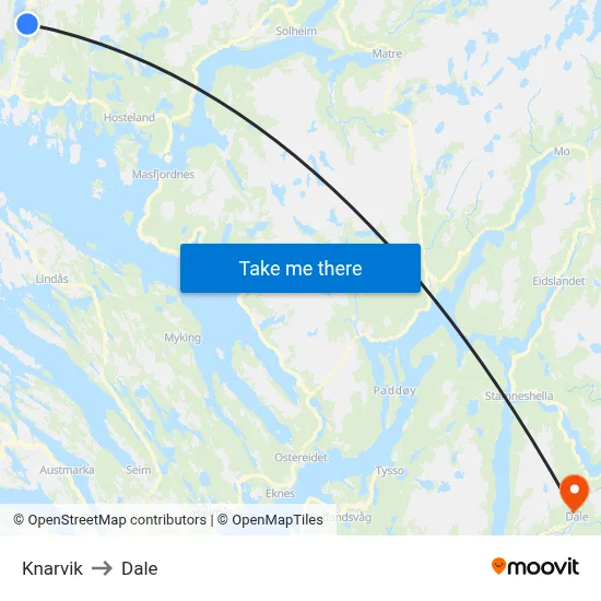 Knarvik to Dale map
