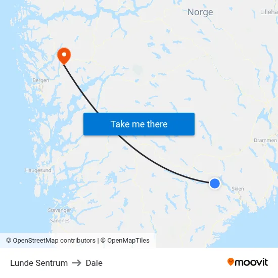 Lunde Sentrum to Dale map