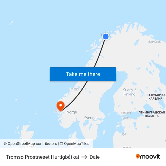 Tromsø Prostneset Hurtigbåtkai to Dale map