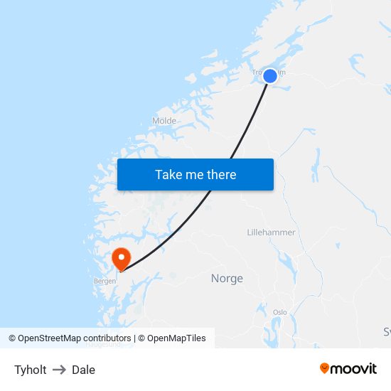 Tyholt to Dale map