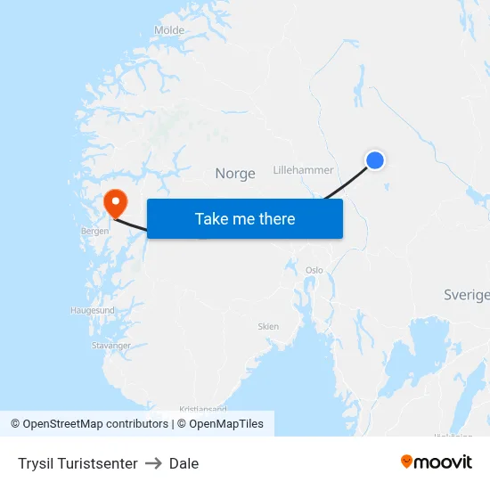 Trysil Turistsenter to Dale map