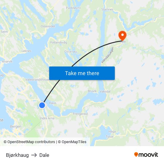 Bjørkhaug to Dale map