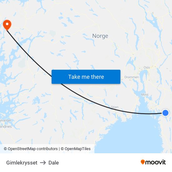 Gimlekrysset to Dale map