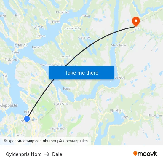 Gyldenpris Nord to Dale map