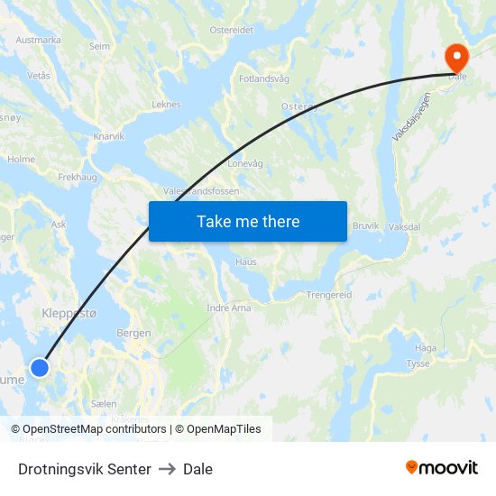 Drotningsvik Senter to Dale map