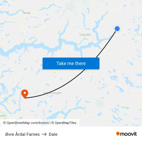Øvre Årdal Farnes to Dale map