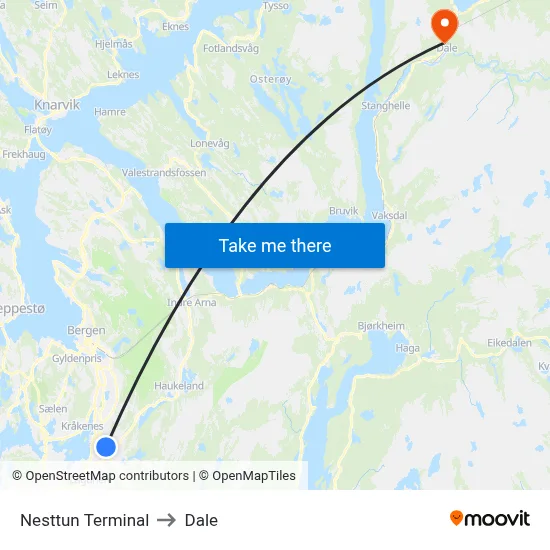 Nesttun Terminal to Dale map