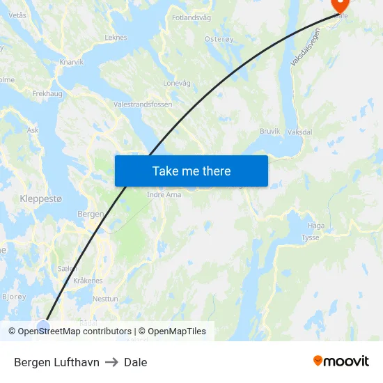 Bergen Lufthavn to Dale map