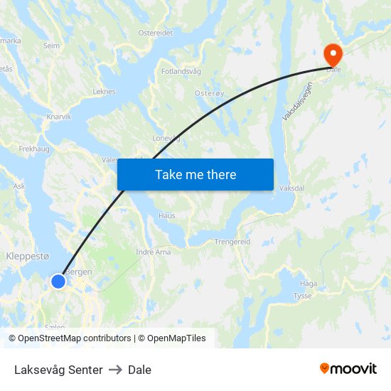 Laksevåg Senter to Dale map