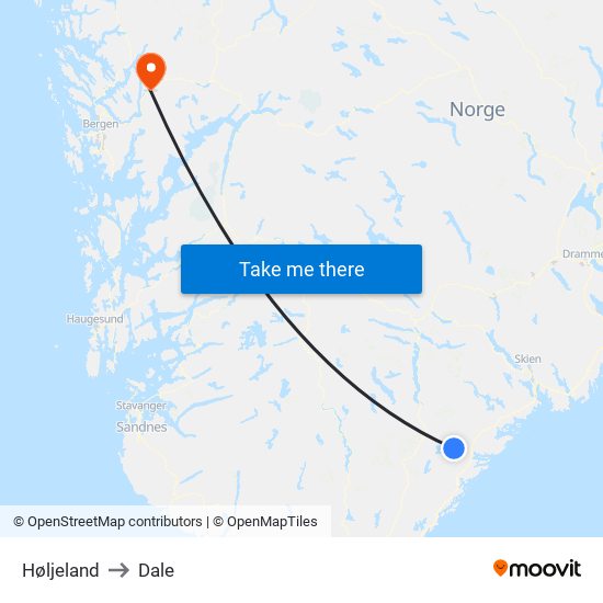 Høljeland to Dale map