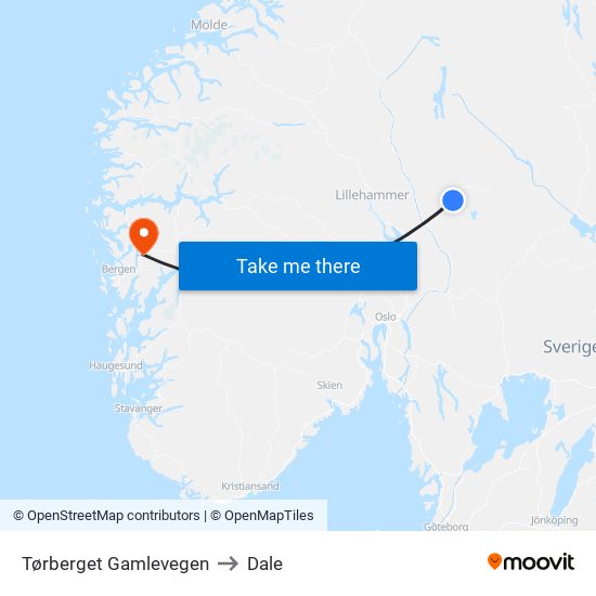 Tørberget Gamlevegen to Dale map