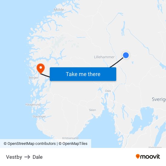 Vestby to Dale map