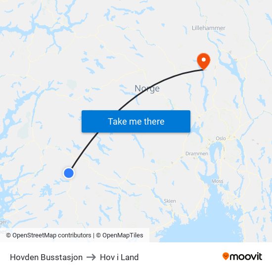 Hovden Busstasjon to Hov i Land map