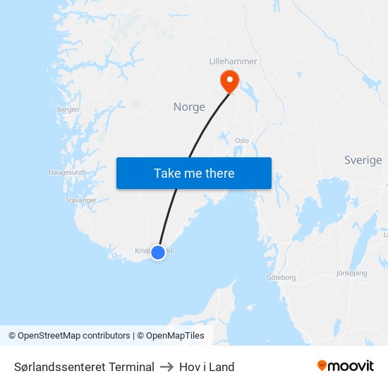 Sørlandssenteret Terminal to Hov i Land map