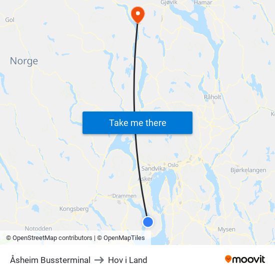 Åsheim Bussterminal to Hov i Land map