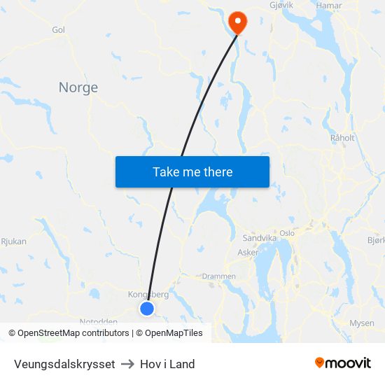 Veungsdalskrysset to Hov i Land map