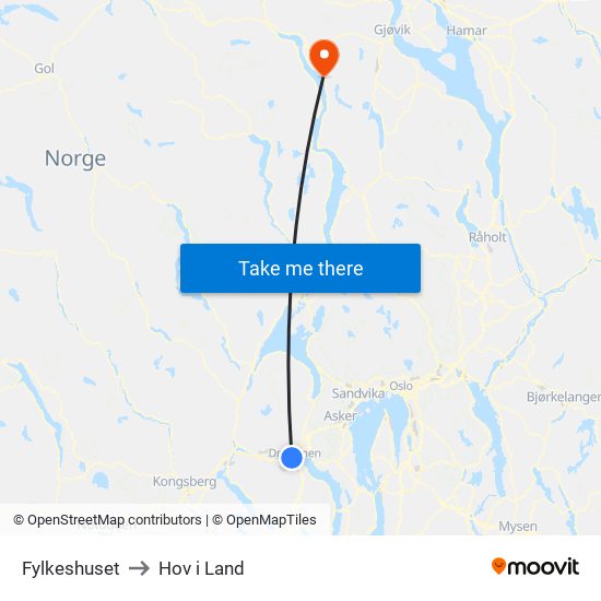 Fylkeshuset to Hov i Land map