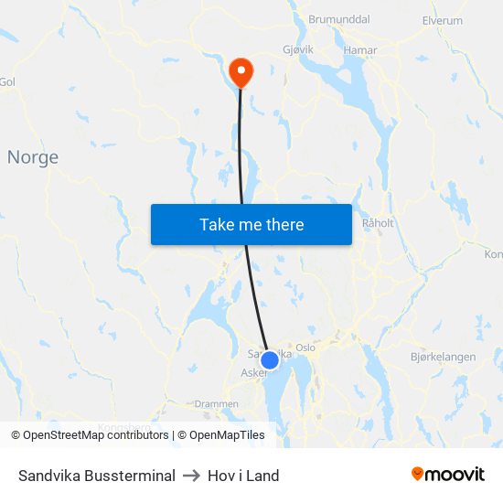 Sandvika Bussterminal to Hov i Land map