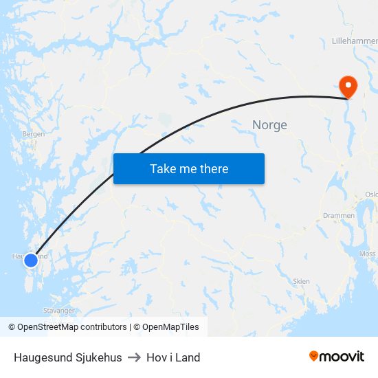 Haugesund Sjukehus to Hov i Land map