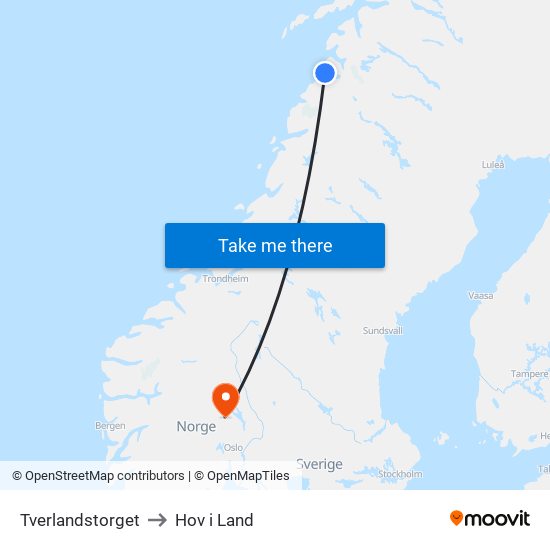 Tverlandstorget to Hov i Land map