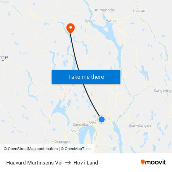 Haavard Martinsens Vei to Hov i Land map