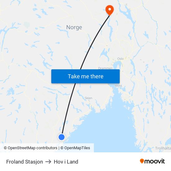 Froland Stasjon to Hov i Land map