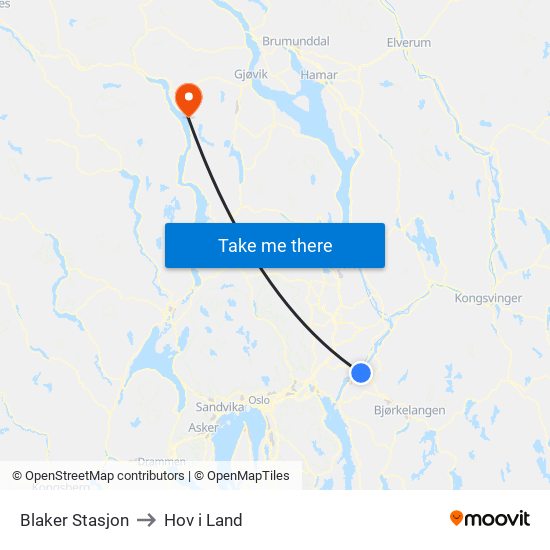 Blaker Stasjon to Hov i Land map