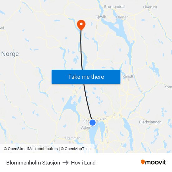 Blommenholm Stasjon to Hov i Land map