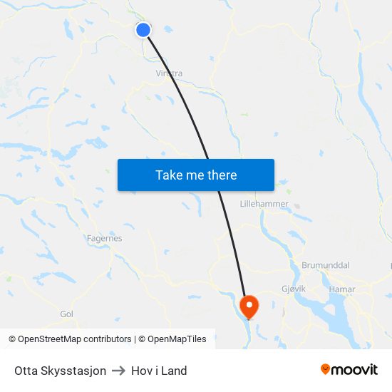 Otta Skysstasjon to Hov i Land map