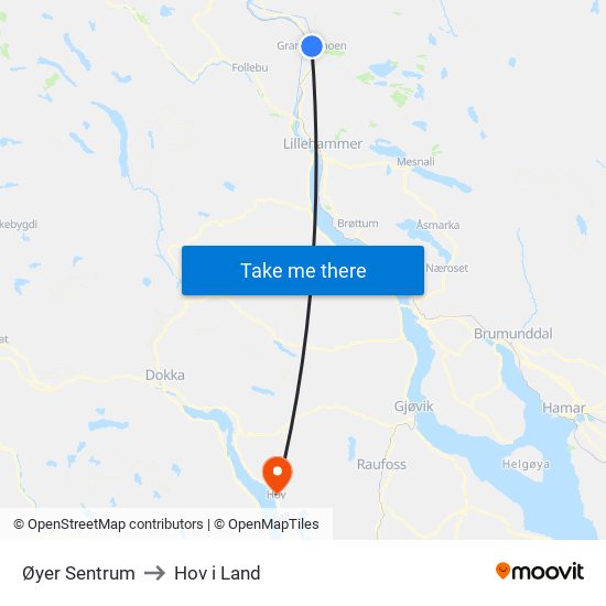 Øyer Sentrum to Hov i Land map