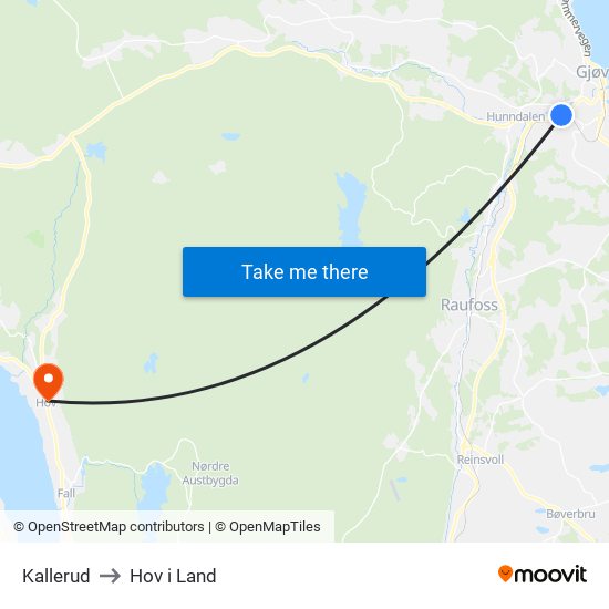 Kallerud to Hov i Land map