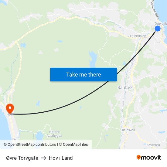 Øvre Torvgate to Hov i Land map