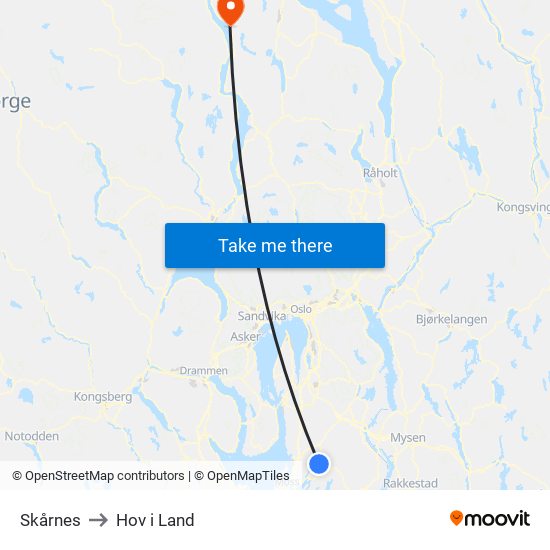 Skårnes to Hov i Land map