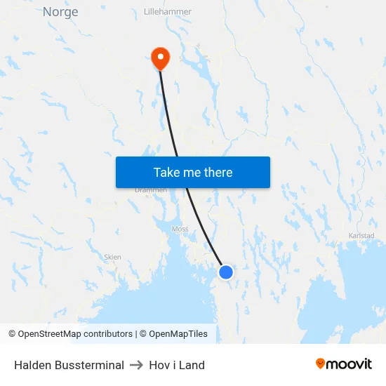 Halden Bussterminal to Hov i Land map