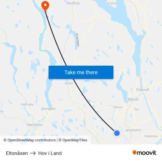 Eltonåsen to Hov i Land map