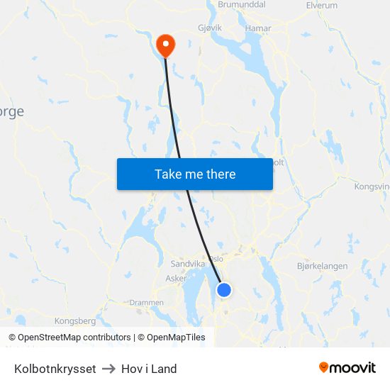 Kolbotnkrysset to Hov i Land map