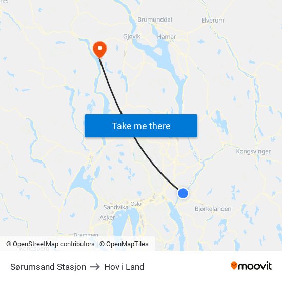 Sørumsand Stasjon to Hov i Land map