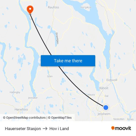 Hauerseter Stasjon to Hov i Land map