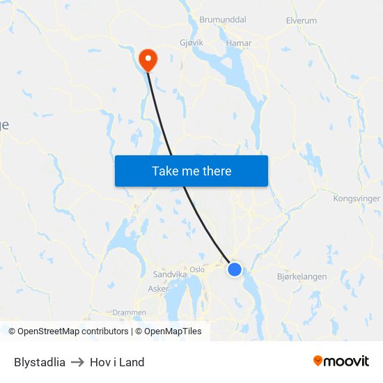 Blystadlia to Hov i Land map