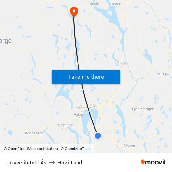 Universitetet I Ås to Hov i Land map