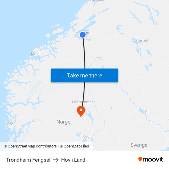 Trondheim Fengsel to Hov i Land map