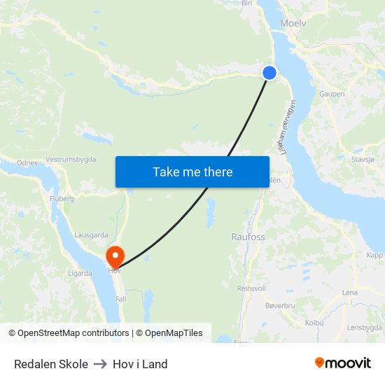 Redalen Skole Snertingdalsvegen to Hov i Land map