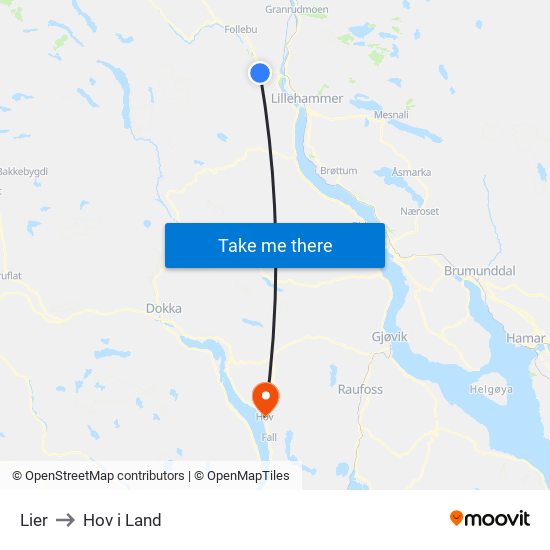 Lier to Hov i Land map