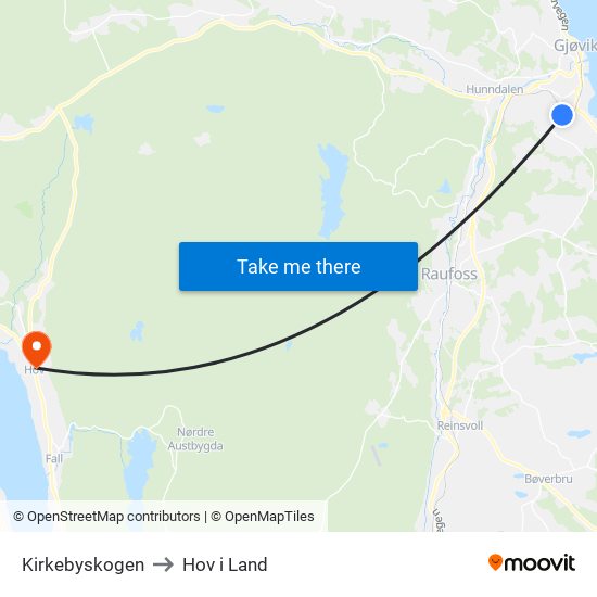 Kirkebyskogen to Hov i Land map