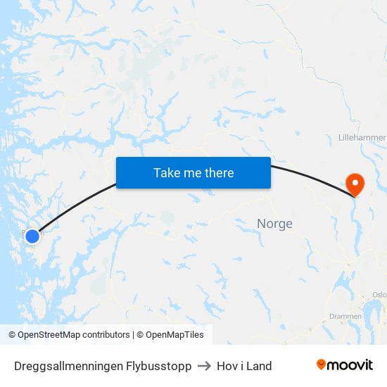 Dreggsallmenningen Flybusstopp to Hov i Land map