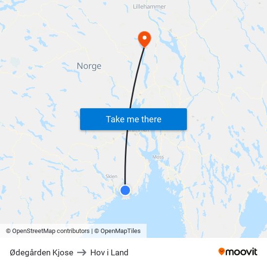 Ødegården Kjose to Hov i Land map