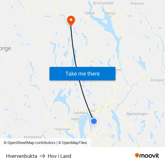 Hvervenbukta to Hov i Land map